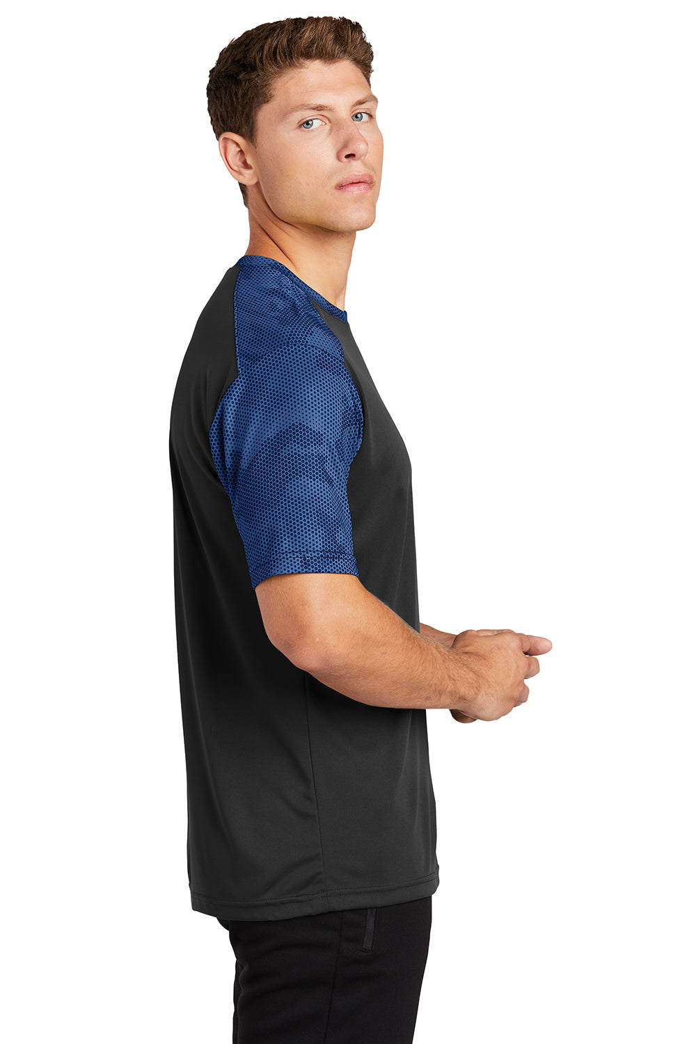 Sport-Tek ST371 Mens CamoHex Moisture Wicking Short Sleeve Crewneck T-Shirt Black/True Royal Blue Model Side