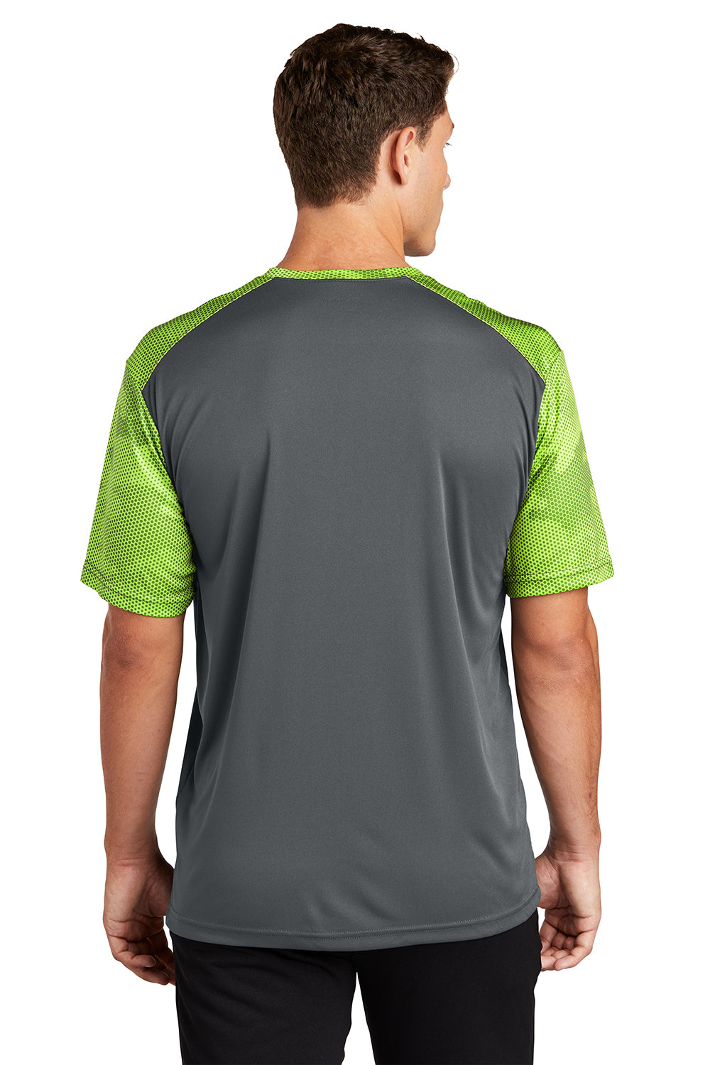 Sport-Tek ST371 Mens CamoHex Moisture Wicking Short Sleeve Crewneck T-Shirt Iron Grey/Lime Shock Green Model Back