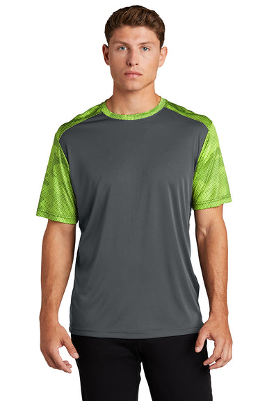 Sport-Tek ST371 Mens CamoHex Moisture Wicking Short Sleeve Crewneck T-Shirt Iron Grey/Lime Shock Green Model Front