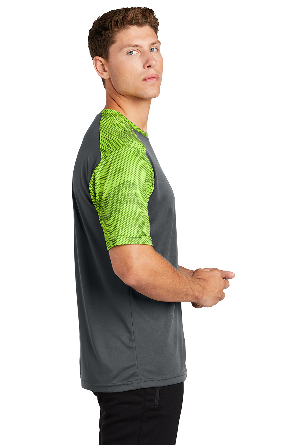 Sport-Tek ST371 Mens CamoHex Moisture Wicking Short Sleeve Crewneck T-Shirt Iron Grey/Lime Shock Green Model Side