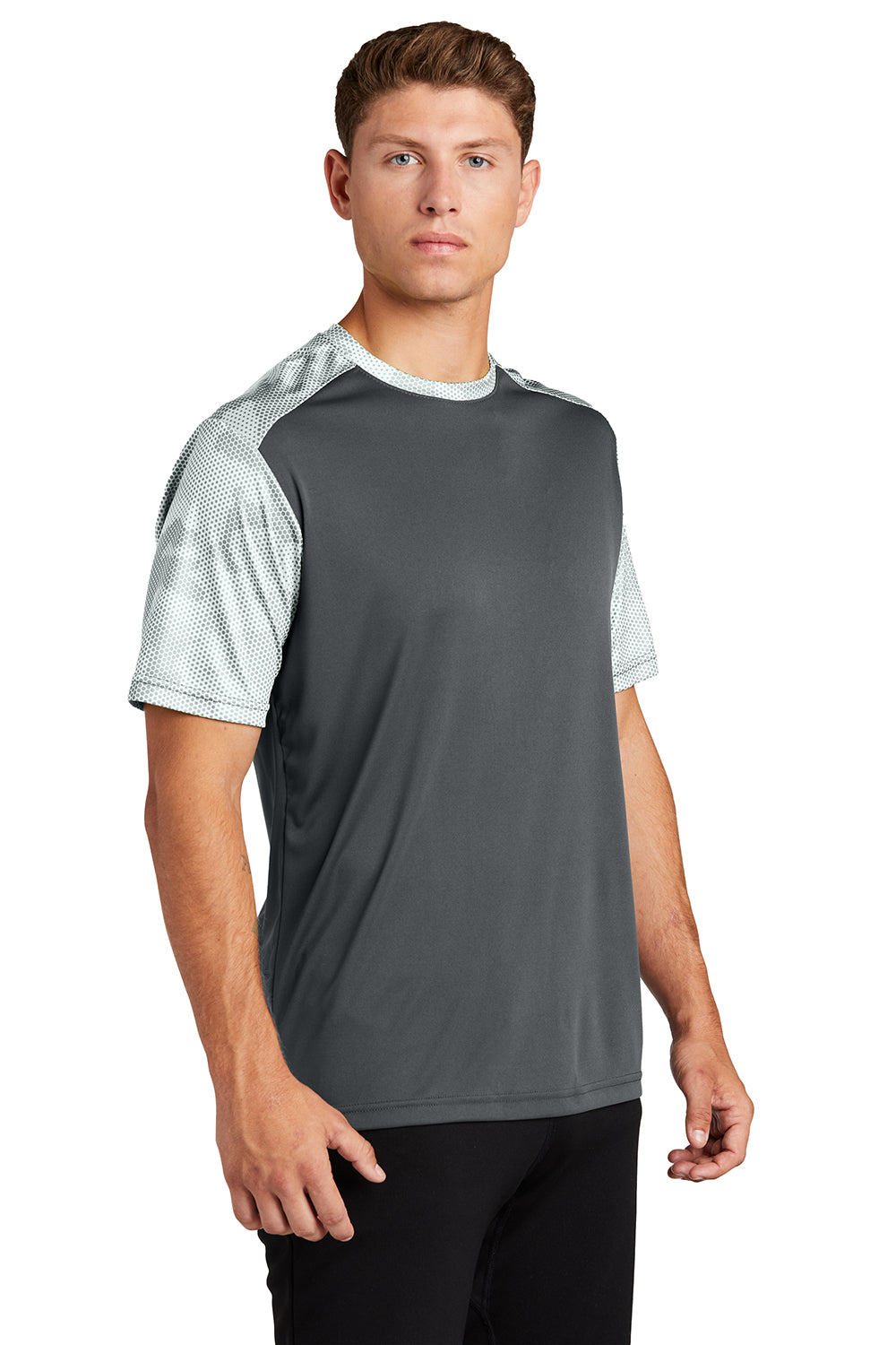 Sport-Tek ST371 Mens CamoHex Moisture Wicking Short Sleeve Crewneck T-Shirt Iron Grey/White Model 3q