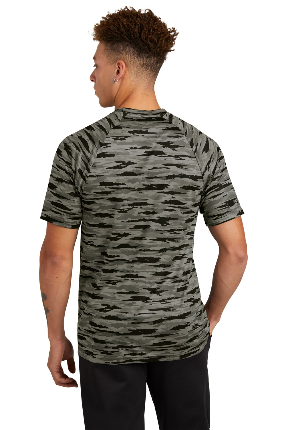 Sport-Tek ST375 Mens Drift Camo Moisture Wicking Short Sleeve Crewneck T-Shirt Black Model Back