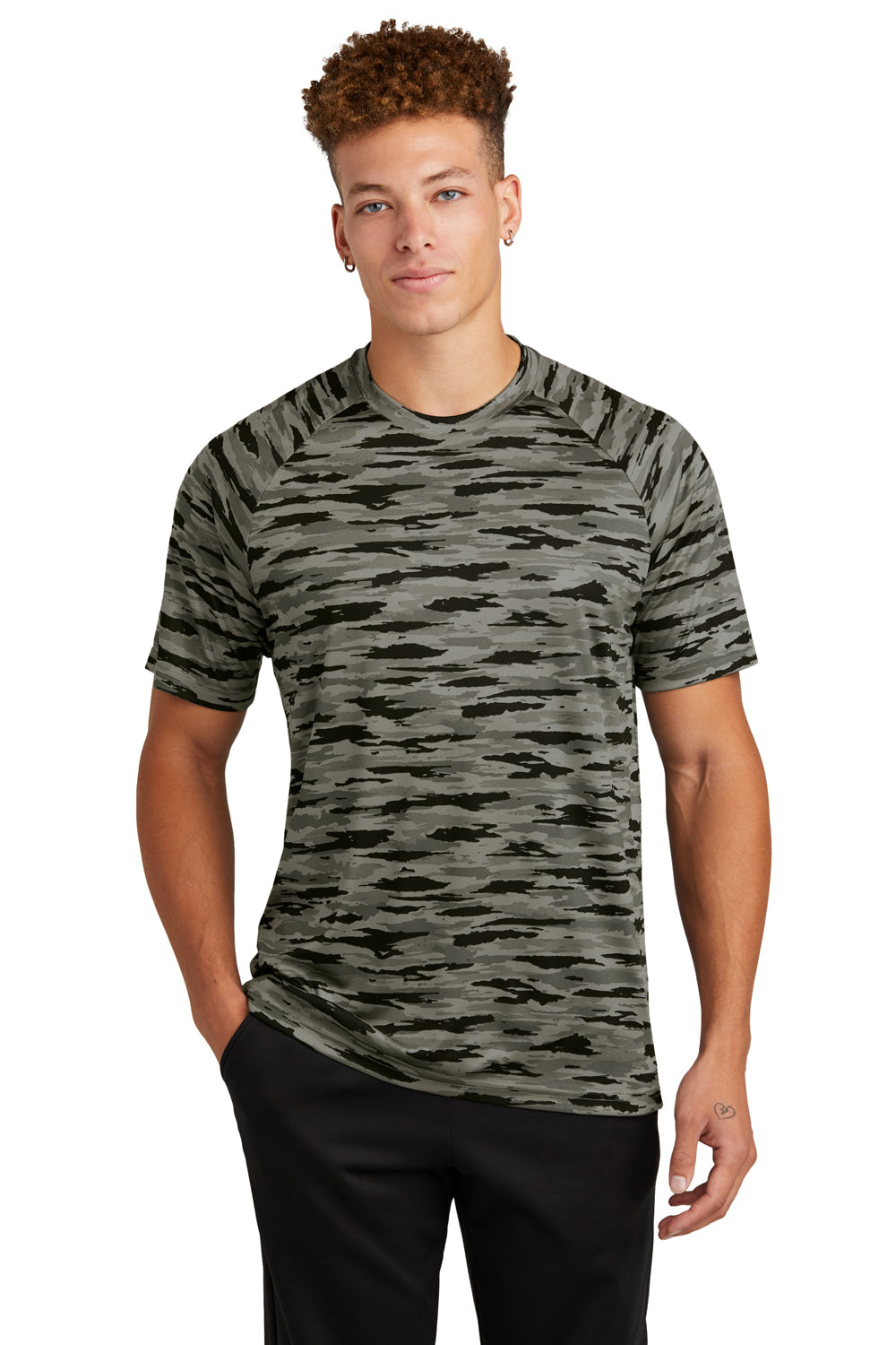 Sport-Tek ST375 Mens Drift Camo Moisture Wicking Short Sleeve Crewneck T-Shirt Black Model Front