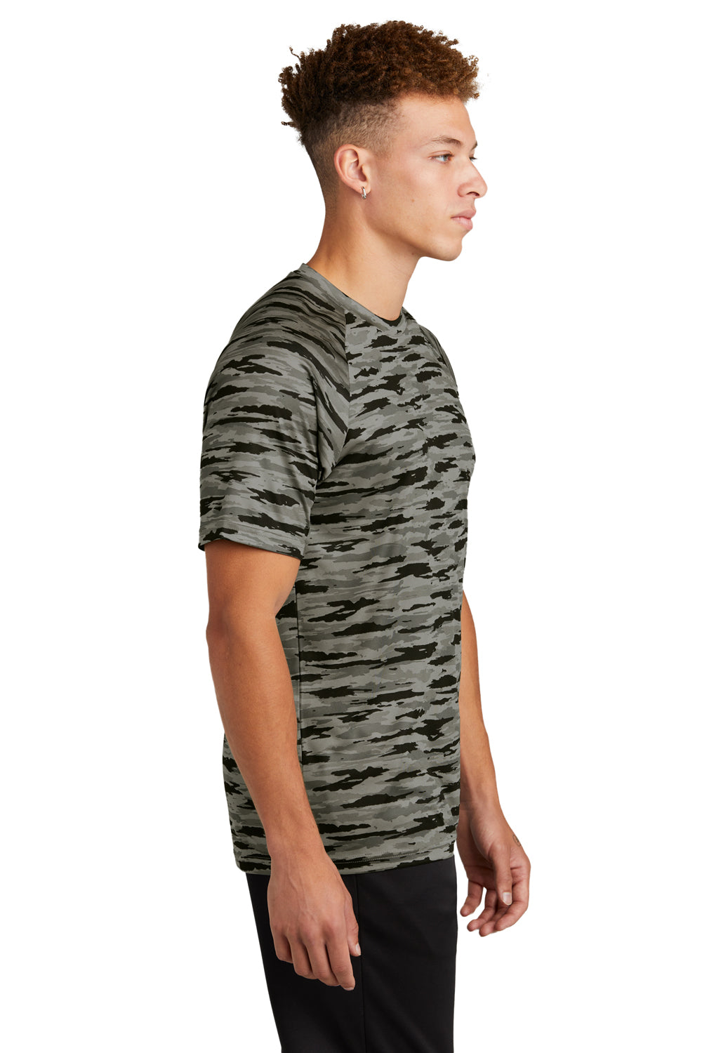 Sport-Tek ST375 Mens Drift Camo Moisture Wicking Short Sleeve Crewneck T-Shirt Black Model Side