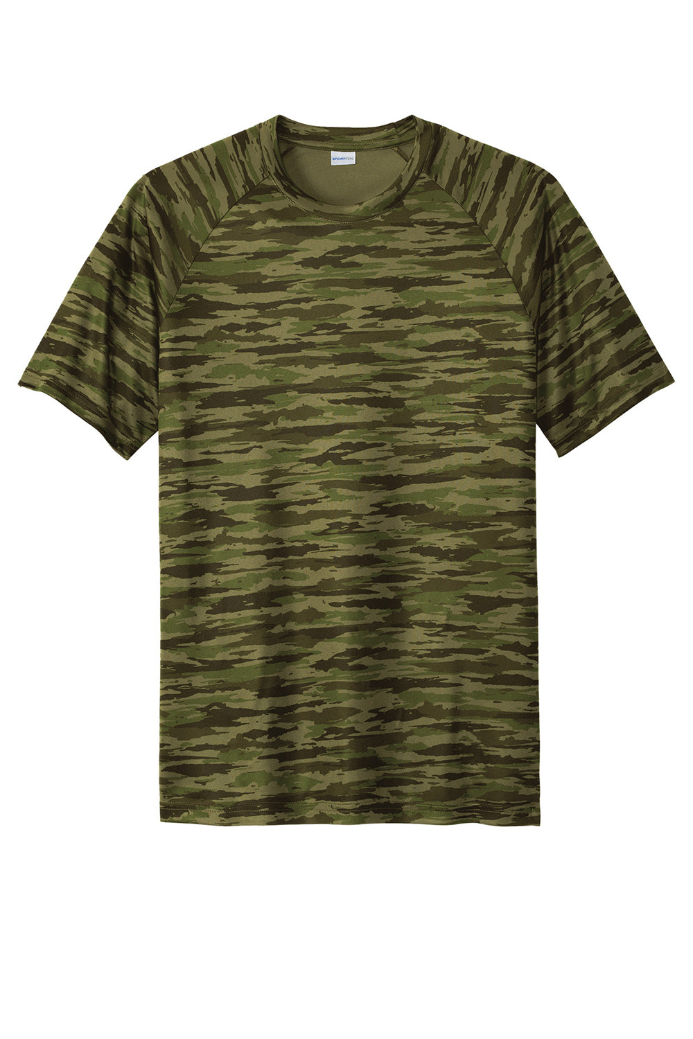 Sport-Tek ST375 Mens Drift Camo Moisture Wicking Short Sleeve Crewneck T-Shirt Olive Drab Green Flat Front