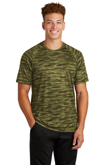 Sport-Tek ST375 Mens Drift Camo Moisture Wicking Short Sleeve Crewneck T-Shirt Olive Drab Green Model Front