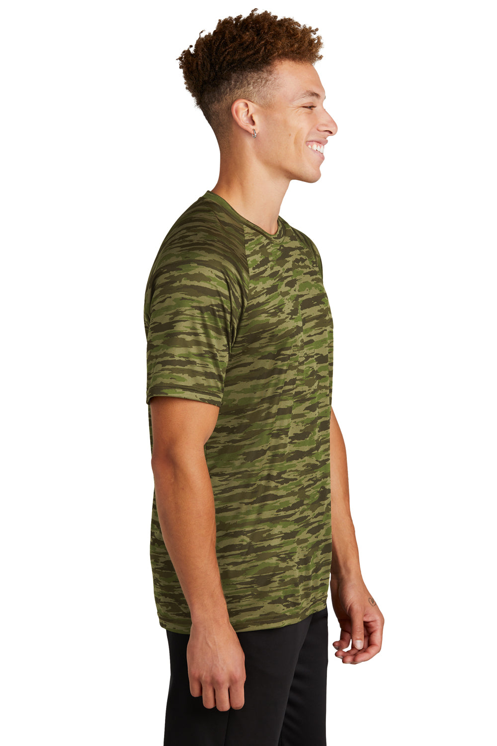 Sport-Tek ST375 Mens Drift Camo Moisture Wicking Short Sleeve Crewneck T-Shirt Olive Drab Green Model Side