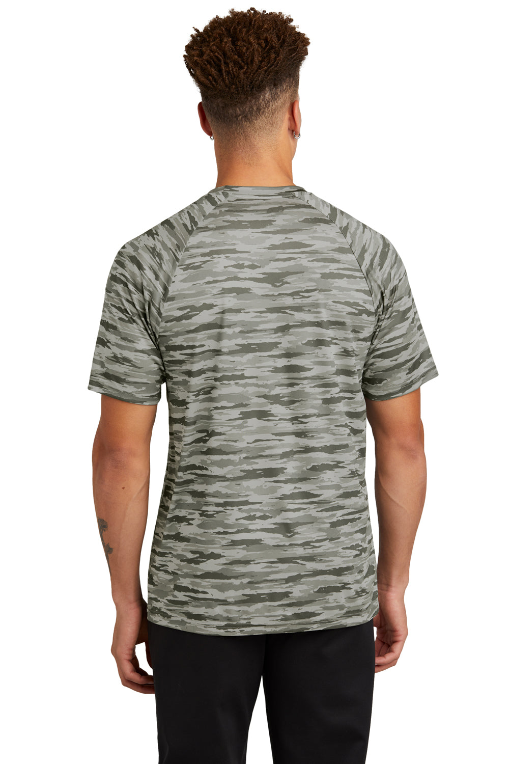 Sport-Tek ST375 Mens Drift Camo Moisture Wicking Short Sleeve Crewneck T-Shirt Silver Grey Model Back