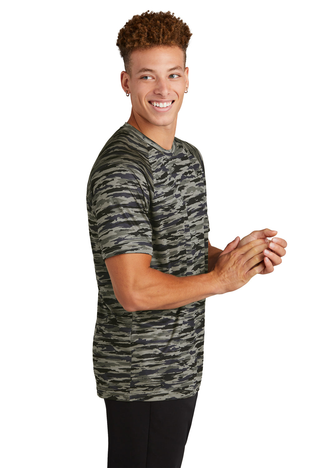 Sport-Tek ST375 Mens Drift Camo Moisture Wicking Short Sleeve Crewneck T-Shirt True Navy Blue Model Side