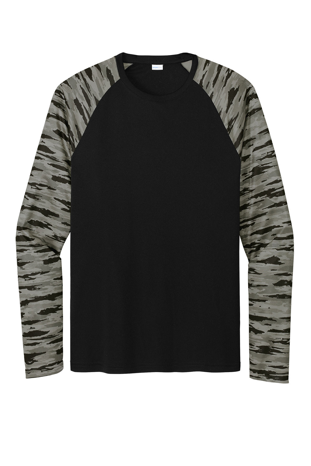 Sport-Tek ST376LS Mens Drift Camo Colorblock Moisture Wicking Long Sleeve Crewneck T-Shirt Black Flat Front