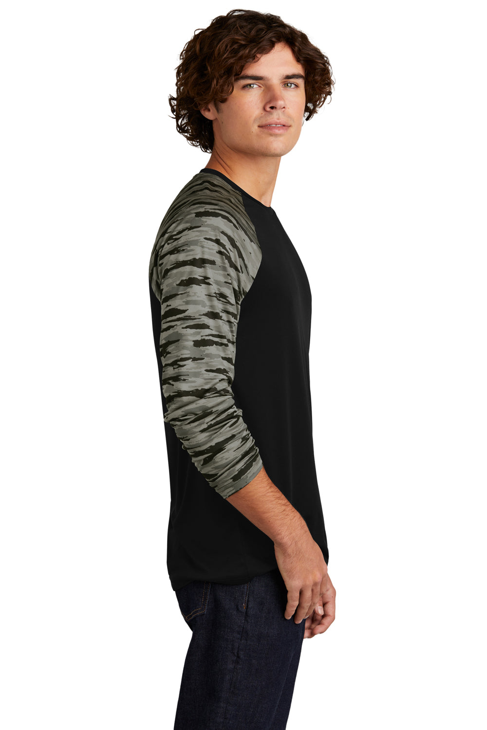 Sport-Tek ST376LS Mens Drift Camo Colorblock Moisture Wicking Long Sleeve Crewneck T-Shirt Black Model Side