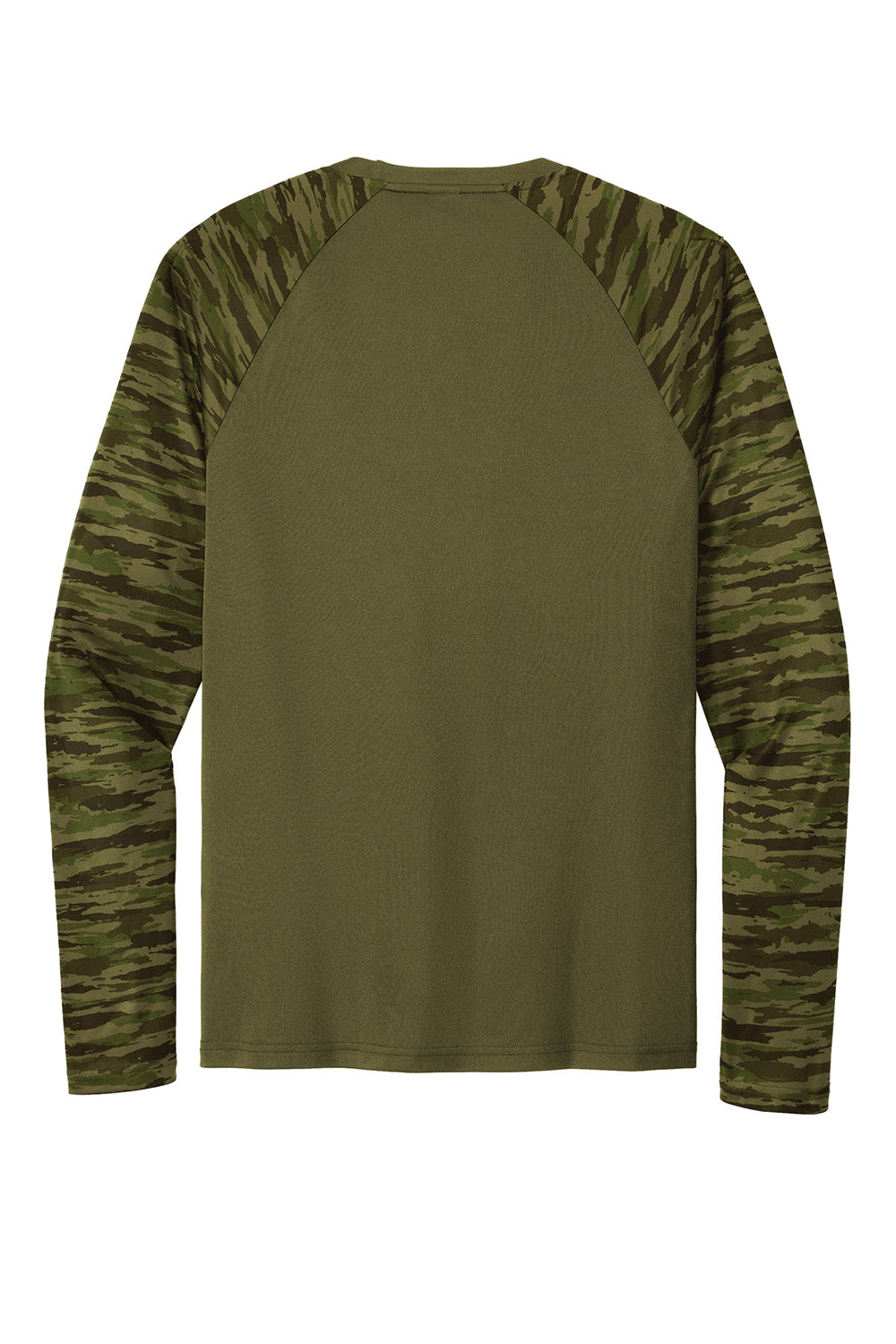 Sport-Tek ST376LS Mens Drift Camo Colorblock Moisture Wicking Long Sleeve Crewneck T-Shirt Olive Drab Green Flat Back