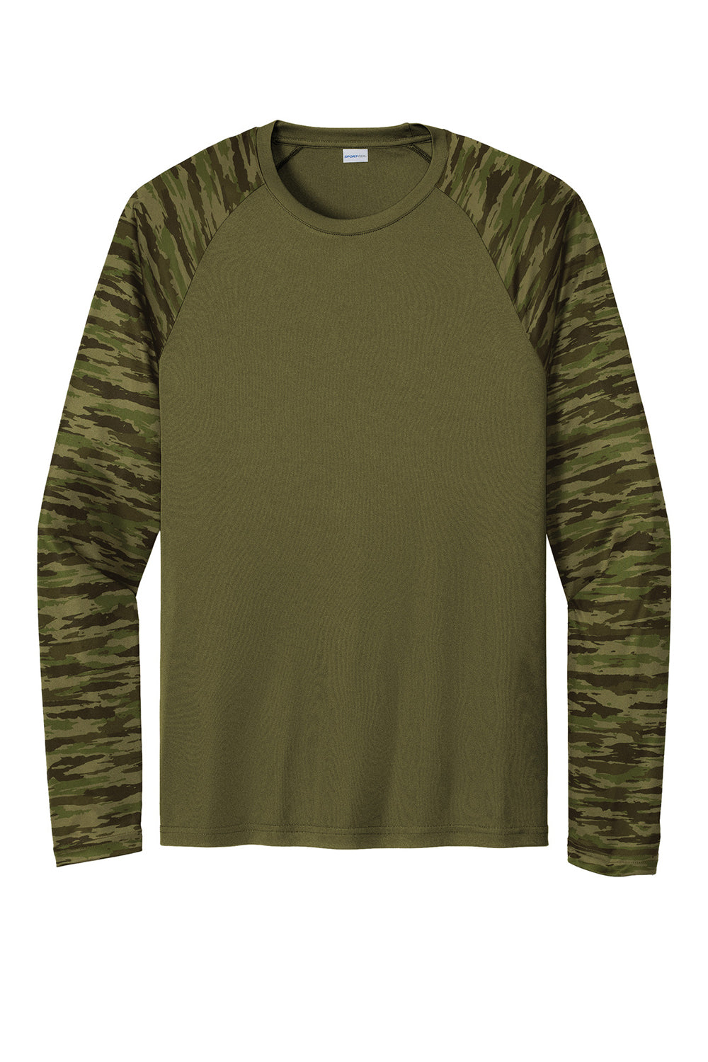 Sport-Tek ST376LS Mens Drift Camo Colorblock Moisture Wicking Long Sleeve Crewneck T-Shirt Olive Drab Green Flat Front