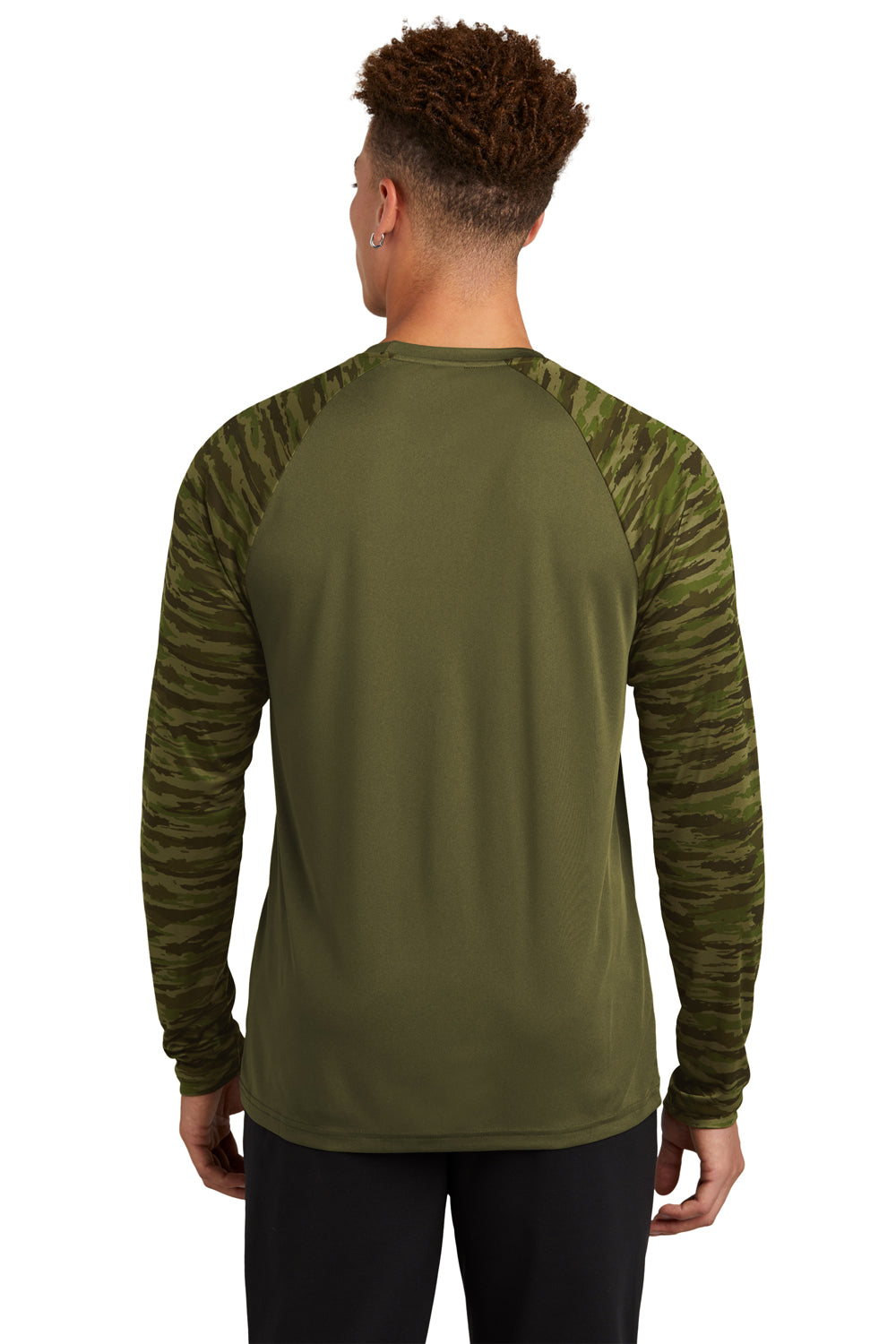 Sport-Tek ST376LS Mens Drift Camo Colorblock Moisture Wicking Long Sleeve Crewneck T-Shirt Olive Drab Green Model Back