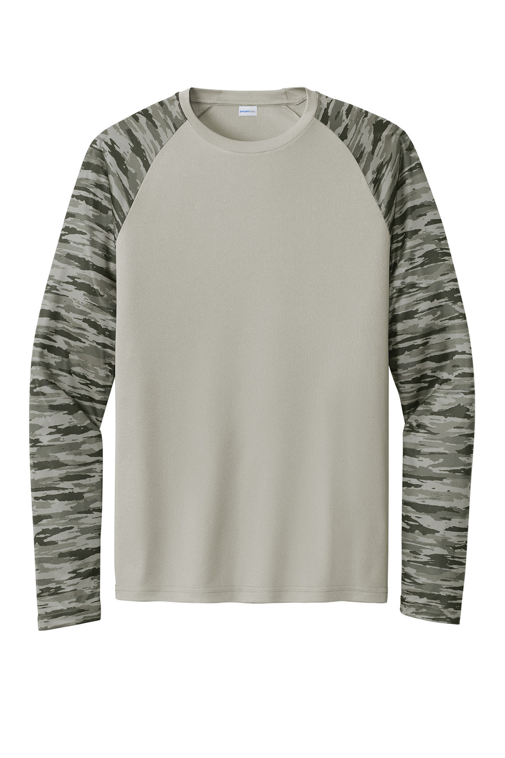 Sport-Tek ST376LS Mens Drift Camo Colorblock Moisture Wicking Long Sleeve Crewneck T-Shirt Silver Grey Flat Front