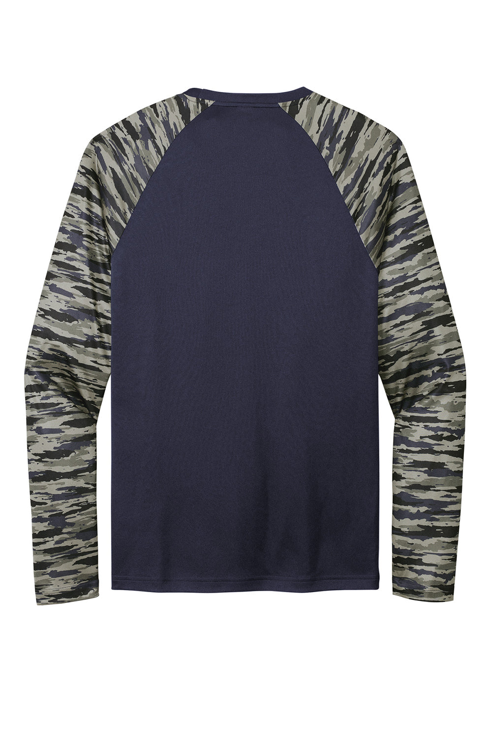 Sport-Tek ST376LS Mens Drift Camo Colorblock Moisture Wicking Long Sleeve Crewneck T-Shirt True Navy Blue Flat Back