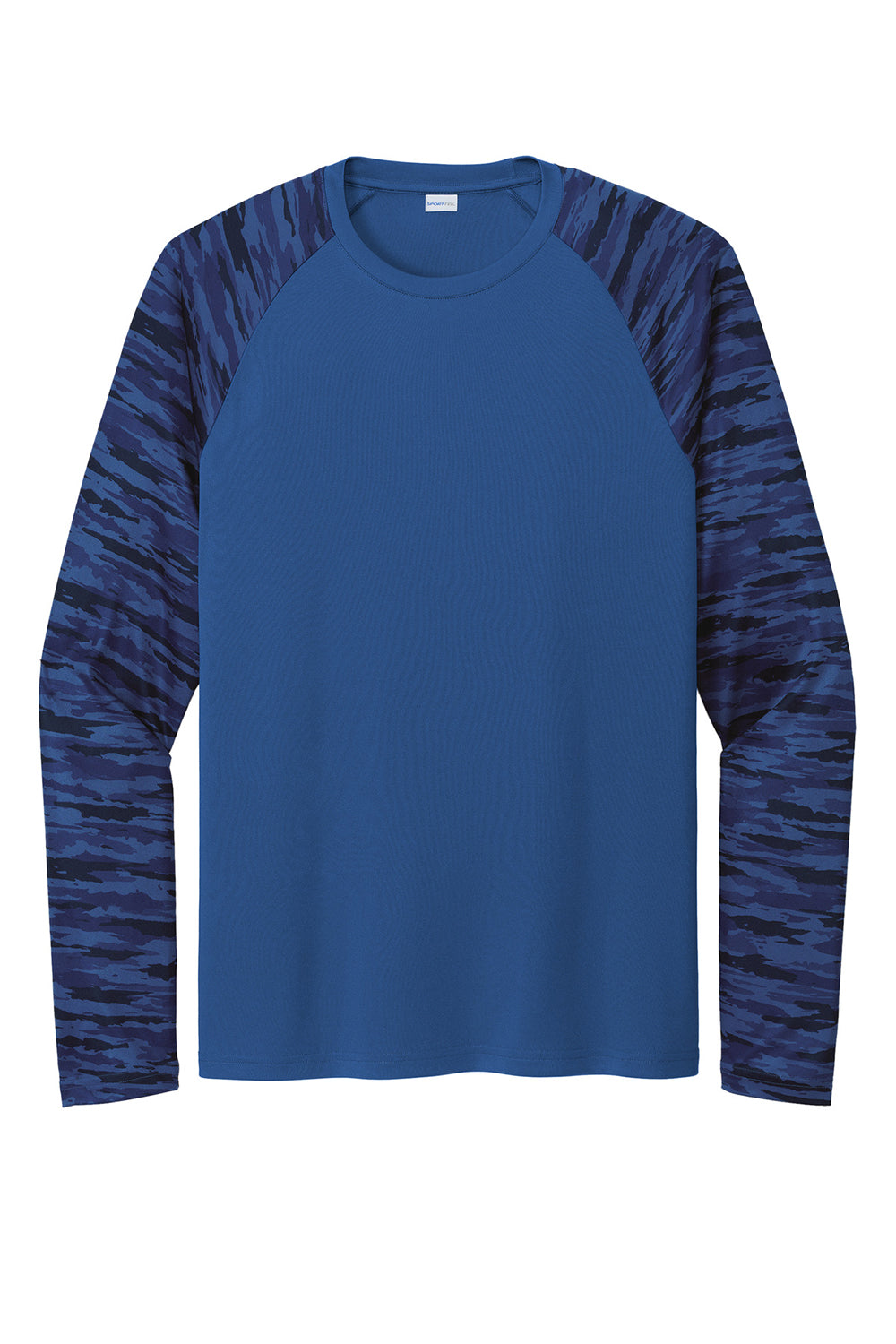 Sport-Tek ST376LS Mens Drift Camo Colorblock Moisture Wicking Long Sleeve Crewneck T-Shirt True Royal Blue Flat Front