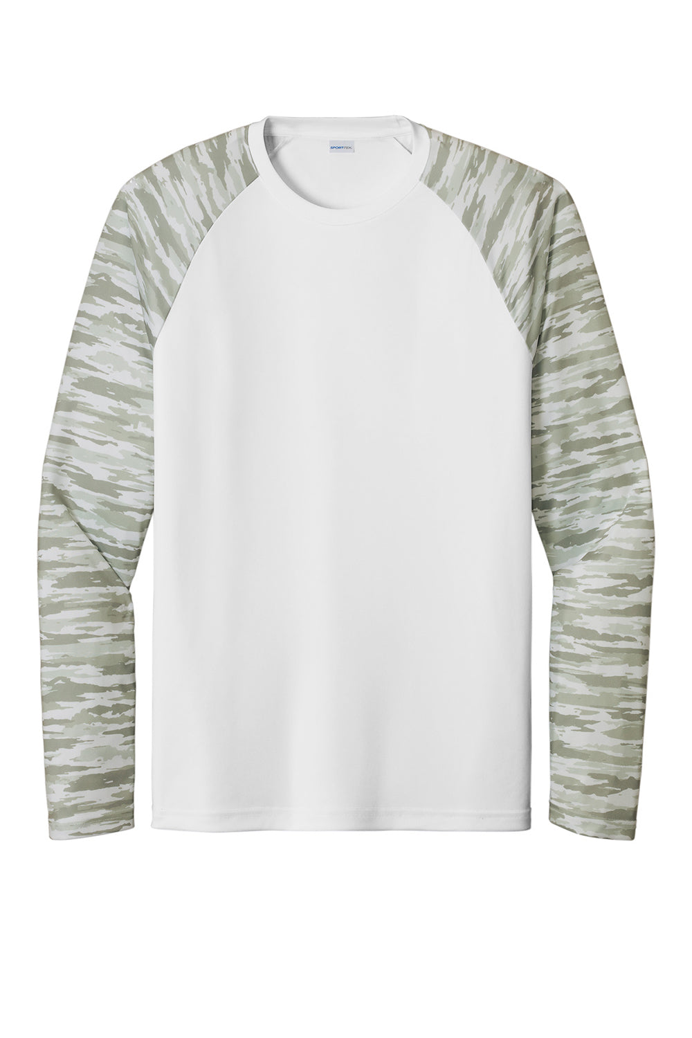 Sport-Tek ST376LS Mens Drift Camo Colorblock Moisture Wicking Long Sleeve Crewneck T-Shirt White Flat Front