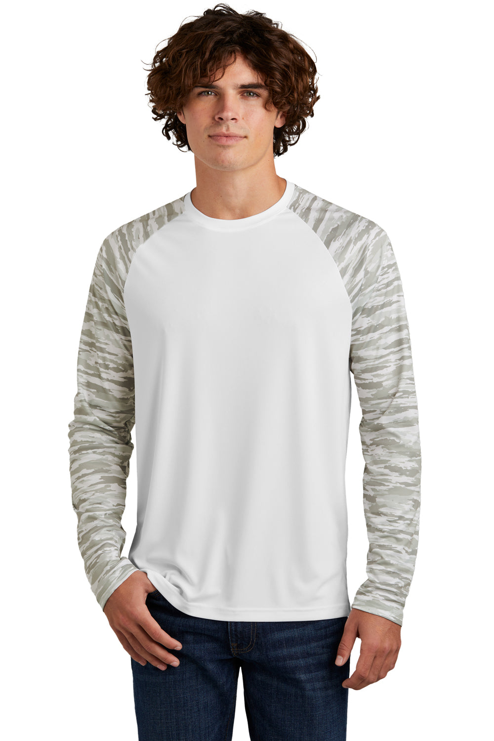 Sport-Tek ST376LS Mens Drift Camo Colorblock Moisture Wicking Long Sleeve Crewneck T-Shirt White Model Front