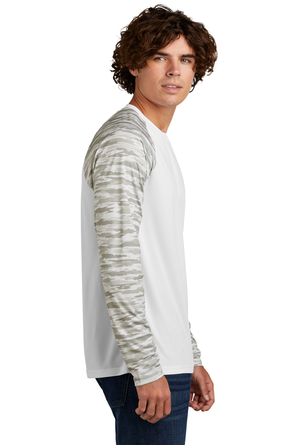 Sport-Tek ST376LS Mens Drift Camo Colorblock Moisture Wicking Long Sleeve Crewneck T-Shirt White Model Side