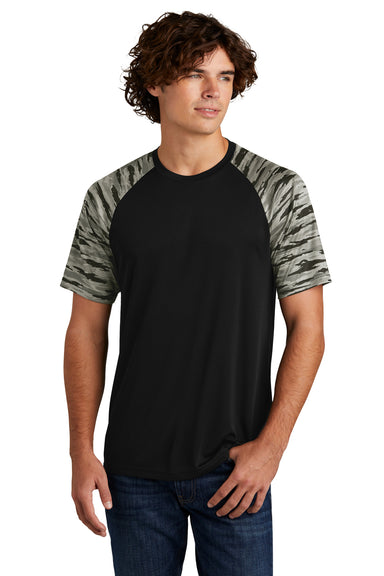 Sport-Tek ST376 Mens Drift Camo Colorblock Moisture Wicking Short Sleeve Crewneck T-Shirt Black Model Front