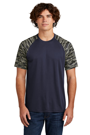 Sport-Tek ST376 Mens Drift Camo Colorblock Moisture Wicking Short Sleeve Crewneck T-Shirt True Navy Blue Model Front