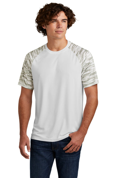 Sport-Tek ST376 Mens Drift Camo Colorblock Moisture Wicking Short Sleeve Crewneck T-Shirt White Model Front