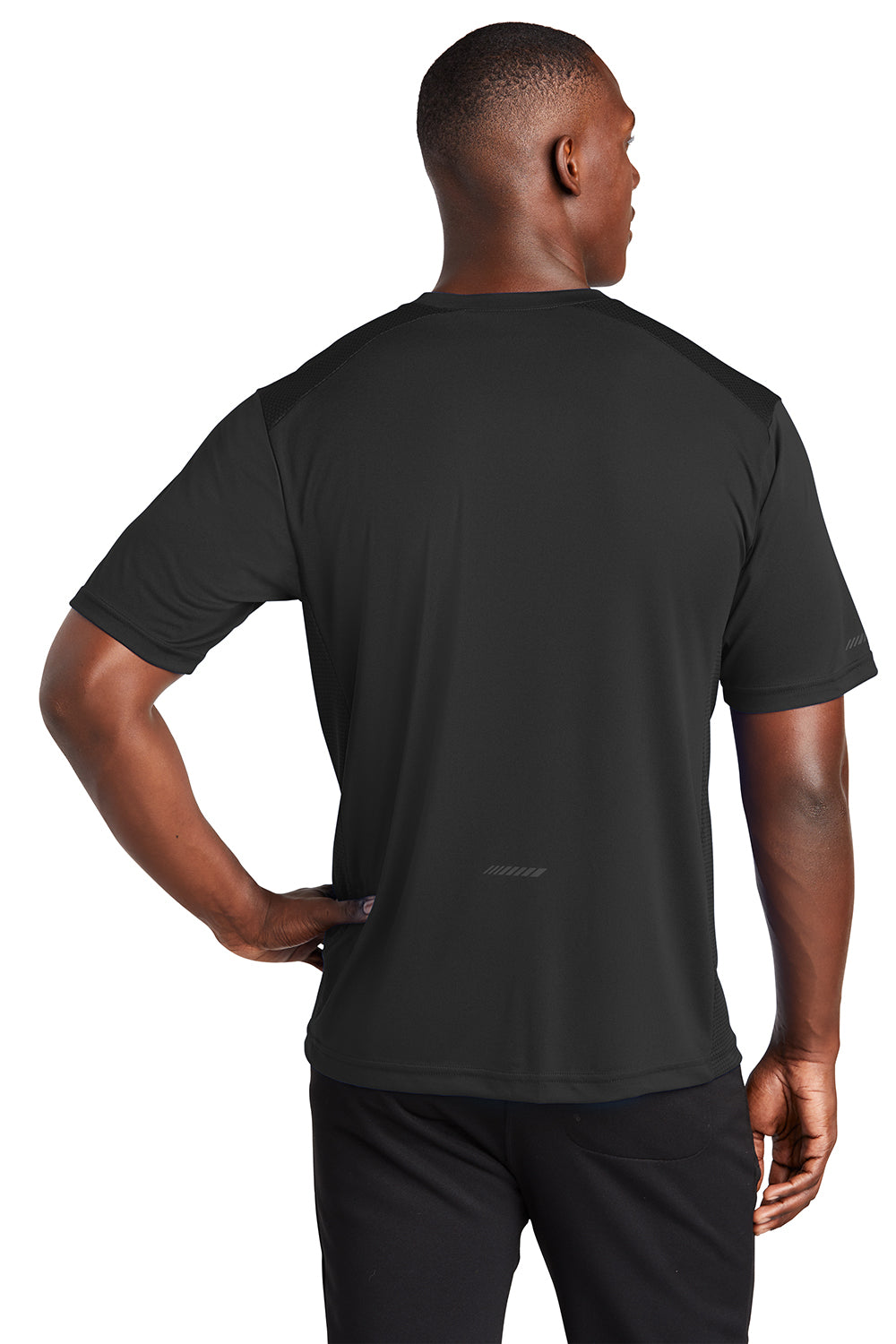 Sport-Tek ST380 Mens Elevate Moisture Wicking Short Sleeve Crewneck T-Shirt Black Model Back