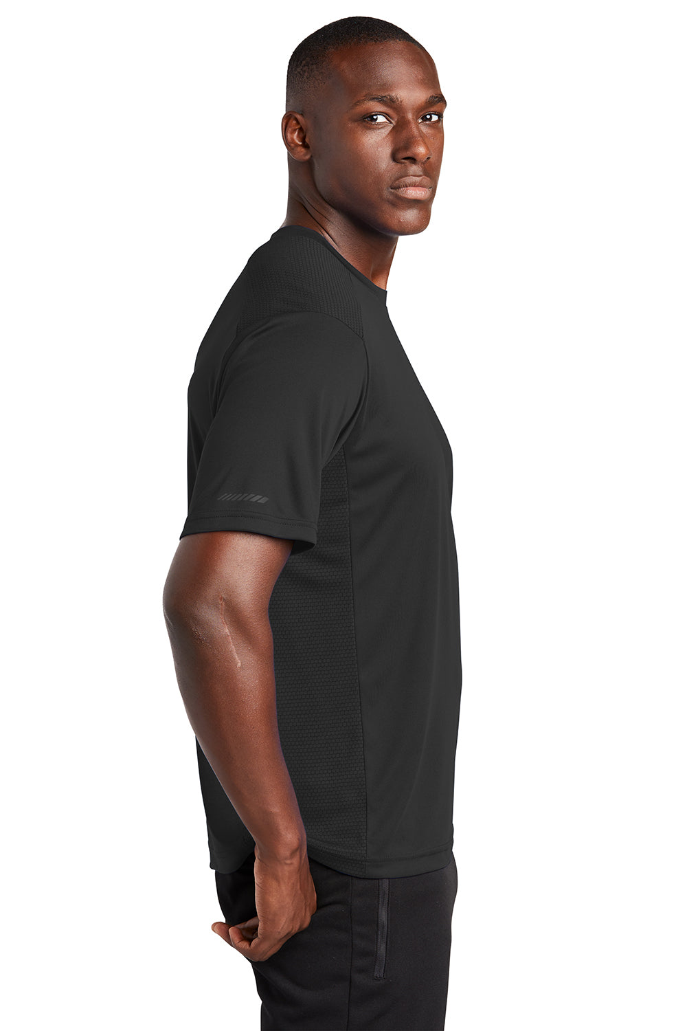 Sport-Tek ST380 Mens Elevate Moisture Wicking Short Sleeve Crewneck T-Shirt Black Model Side