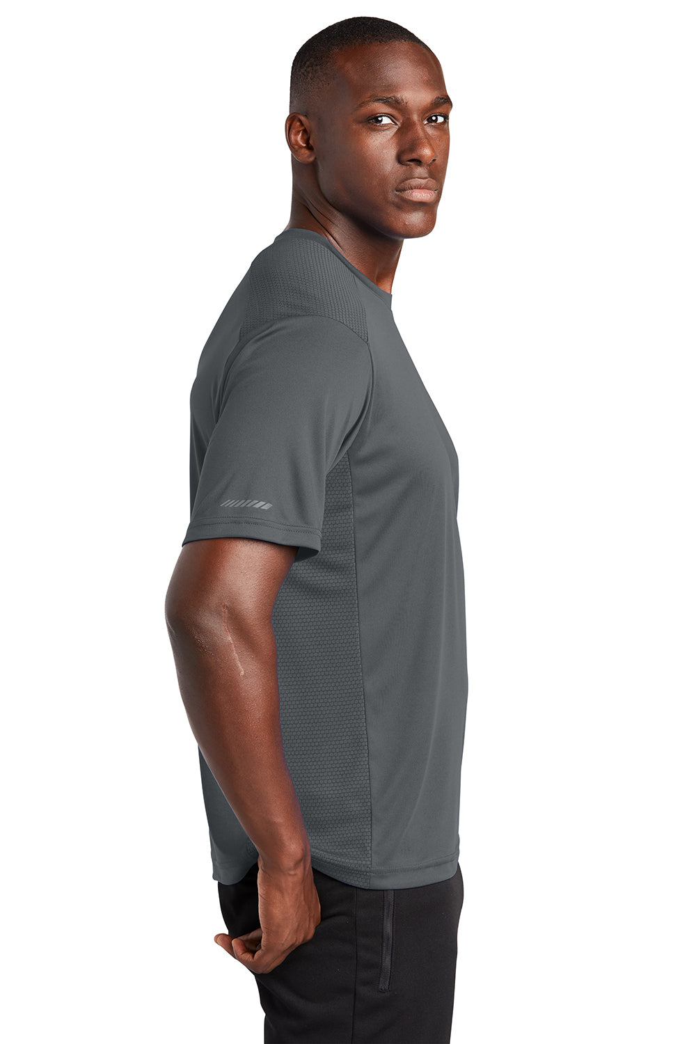 Sport-Tek ST380 Mens Elevate Moisture Wicking Short Sleeve Crewneck T-Shirt Iron Grey Model Side