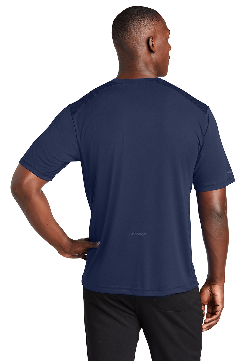 Sport-Tek ST380 Mens Elevate Moisture Wicking Short Sleeve Crewneck T-Shirt True Navy Blue Model Back