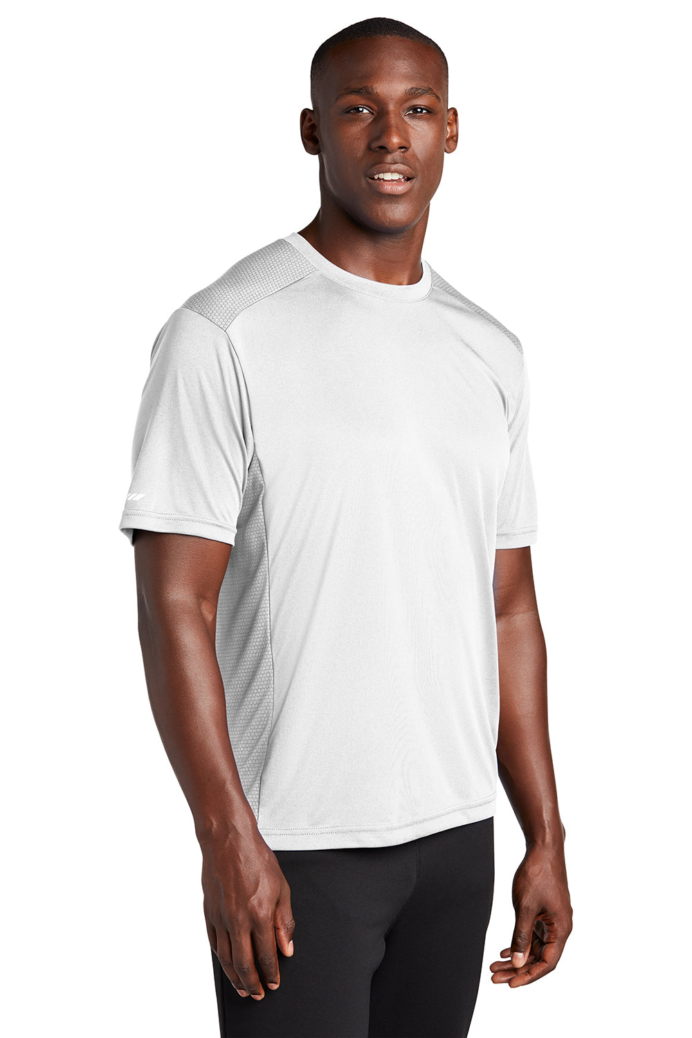 Sport-Tek ST380 Mens Elevate Moisture Wicking Short Sleeve Crewneck T-Shirt White Model 3q