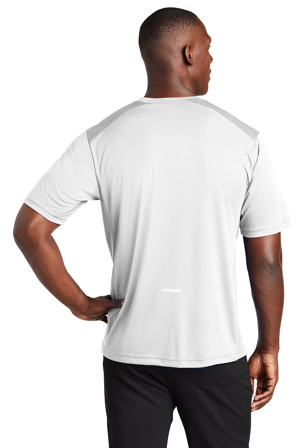 Sport-Tek ST380 Mens Elevate Moisture Wicking Short Sleeve Crewneck T-Shirt White Model Back