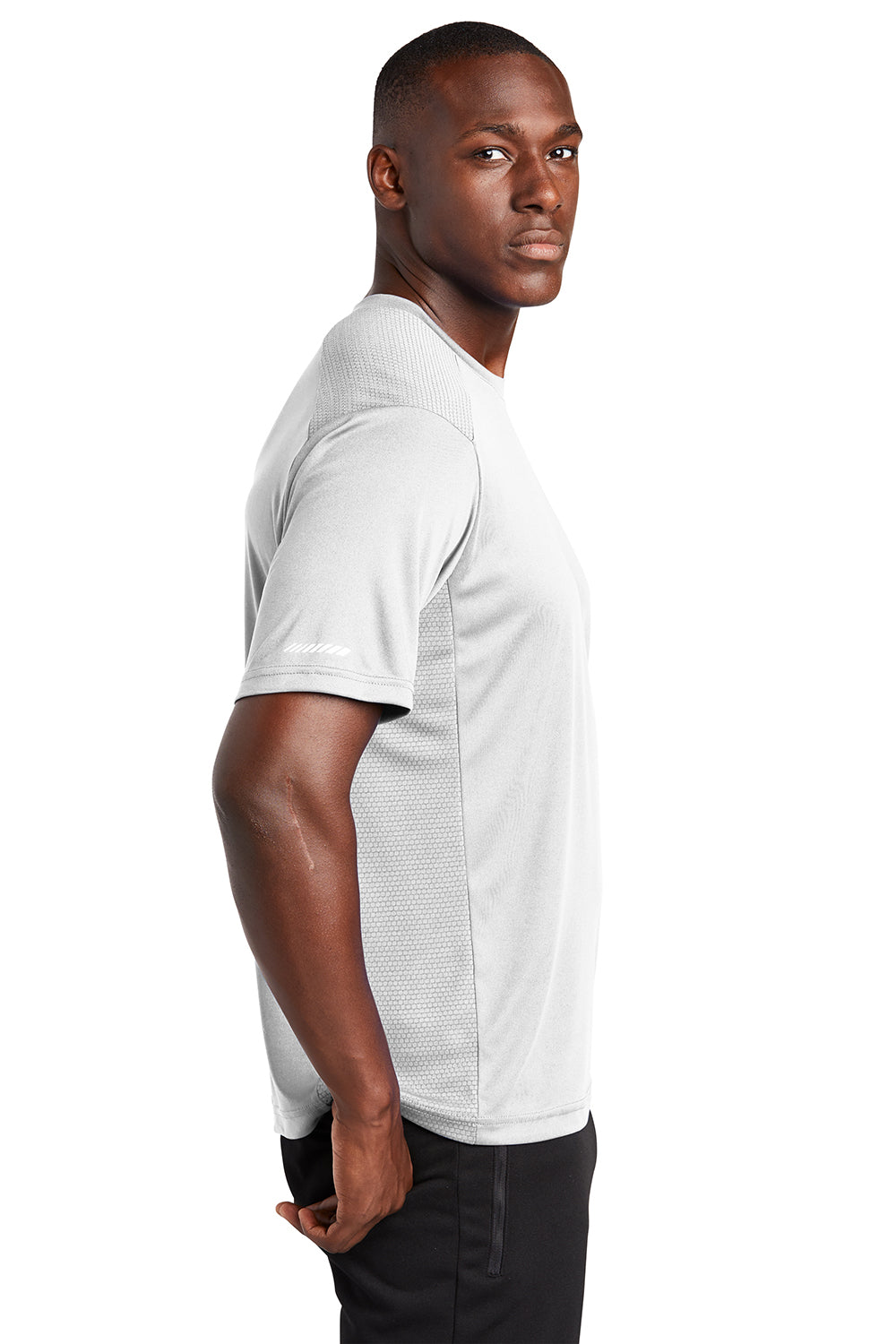 Sport-Tek ST380 Mens Elevate Moisture Wicking Short Sleeve Crewneck T-Shirt White Model Side