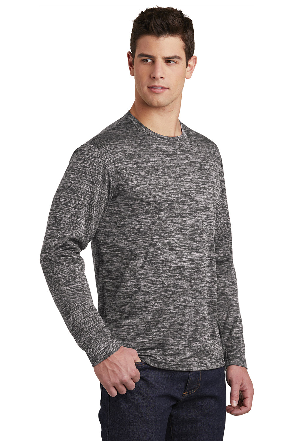 Sport-Tek ST390LS Mens Electric Heather Moisture Wicking Long Sleeve Crewneck T-Shirt Black Electric Model 3q