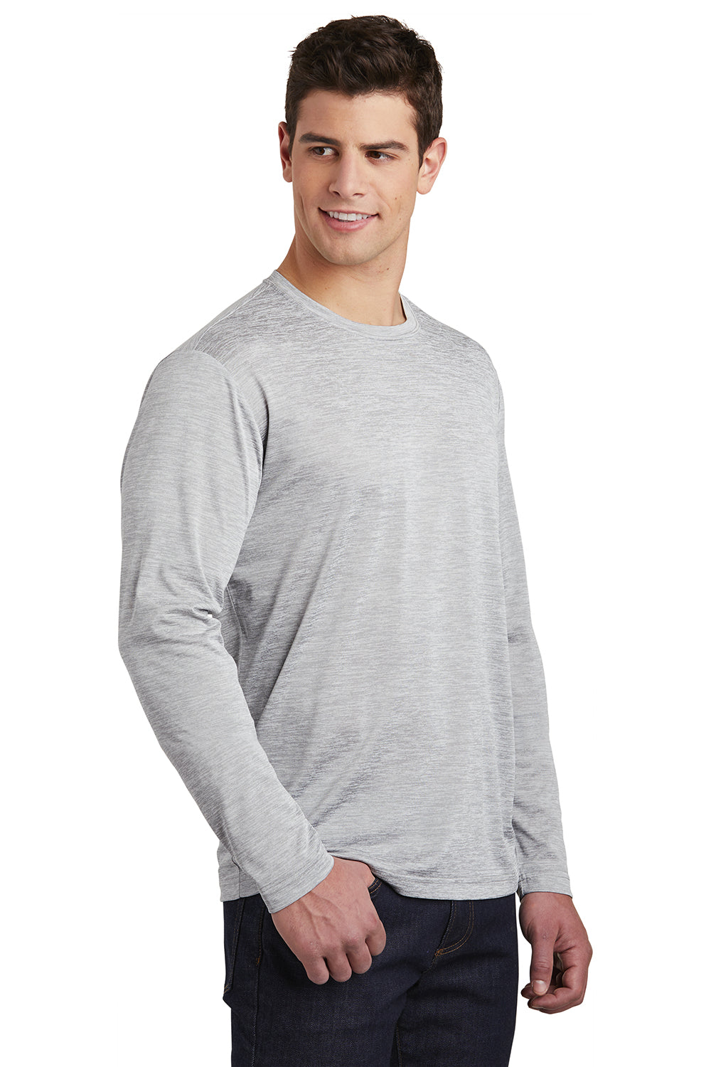 Sport-Tek ST390LS Mens Electric Heather Moisture Wicking Long Sleeve Crewneck T-Shirt Silver Grey Electric Model 3q