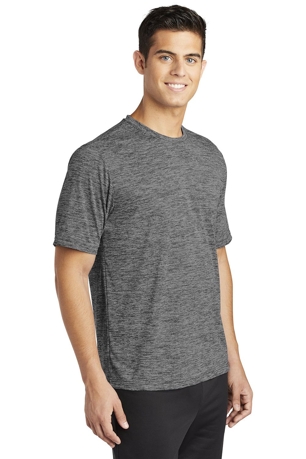 Sport-Tek ST390 Mens Electric Heather Moisture Wicking Short Sleeve Crewneck T-Shirt Grey Black Electric Model 3q