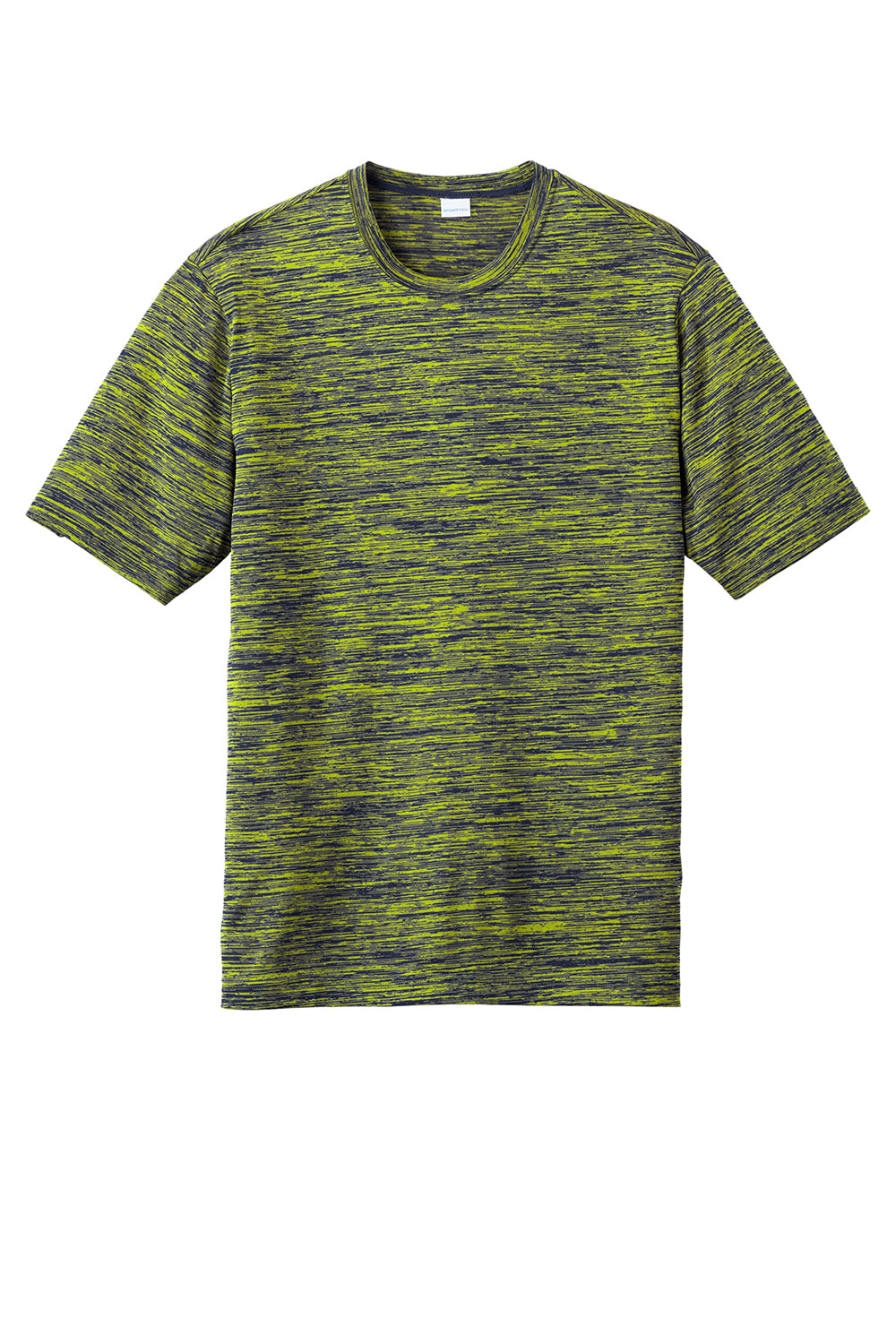 Sport-Tek ST390 Mens Electric Heather Moisture Wicking Short Sleeve Crewneck T-Shirt Lime Shock Green/True Navy Blue Electric Flat Front