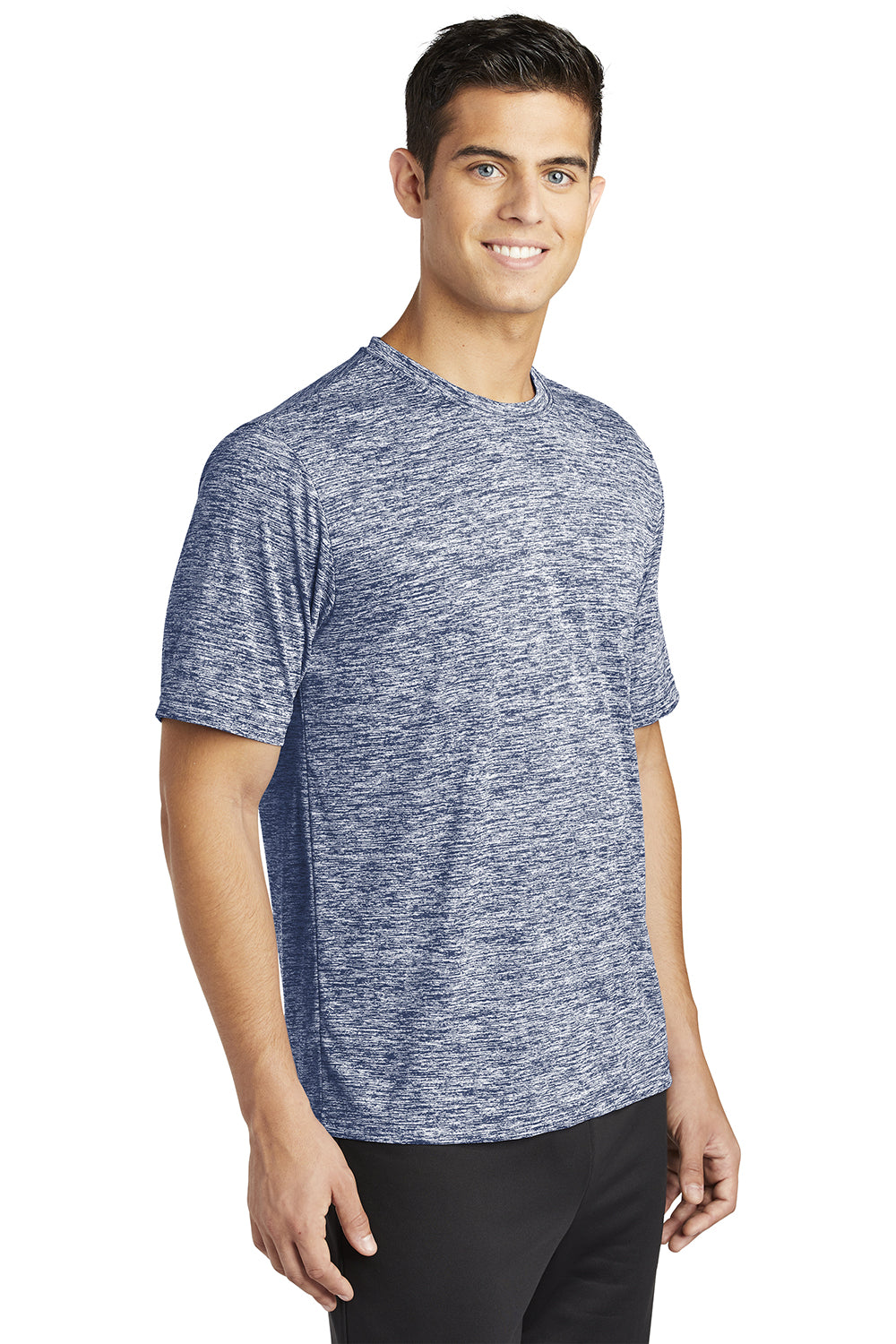 Sport-Tek ST390 Mens Electric Heather Moisture Wicking Short Sleeve Crewneck T-Shirt True Navy Blue Electric Model 3q