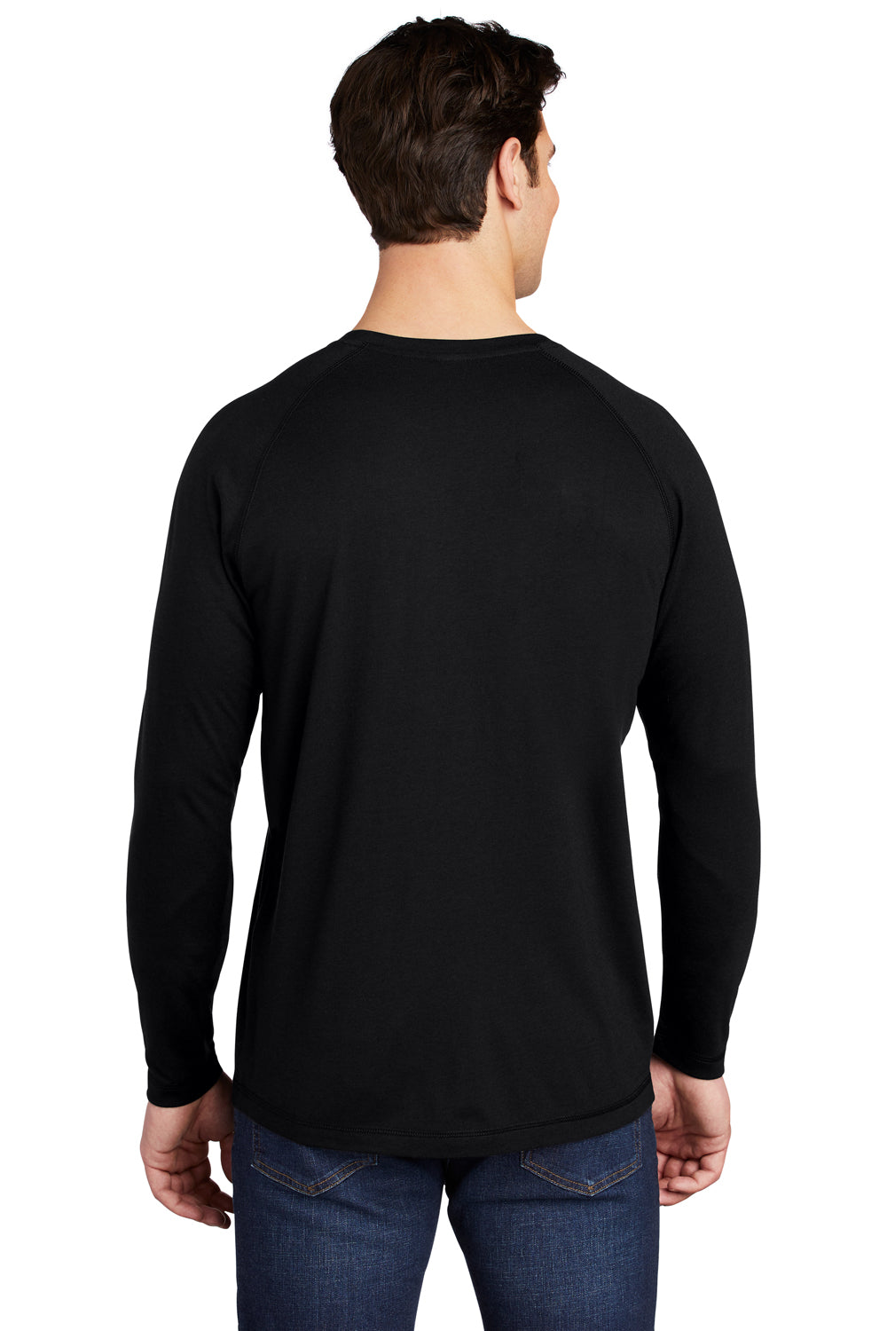 Sport-Tek ST400LS Mens Moisture Wicking Long Sleeve Crewneck T-Shirt Black Model Back