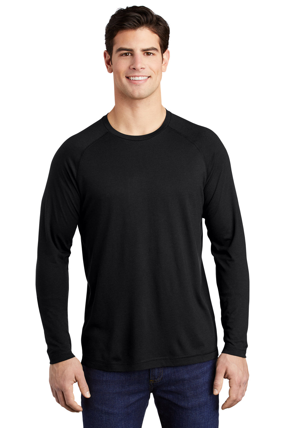 Sport-Tek ST400LS Mens Moisture Wicking Long Sleeve Crewneck T-Shirt Black Model Front