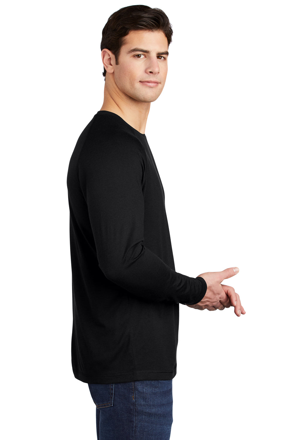 Sport-Tek ST400LS Mens Moisture Wicking Long Sleeve Crewneck T-Shirt Black Model Side