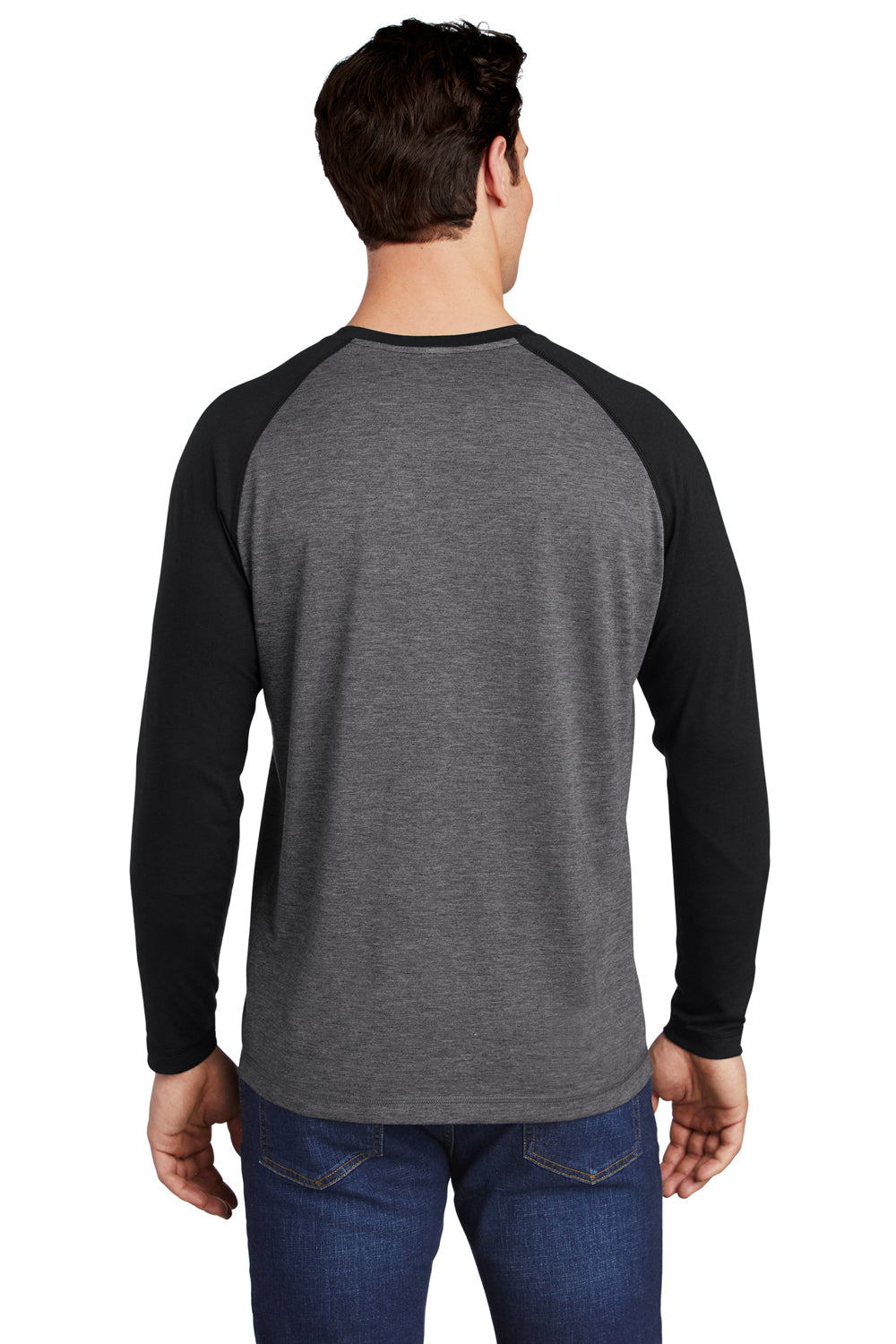 Sport-Tek ST400LS Mens Moisture Wicking Long Sleeve Crewneck T-Shirt Heather Dark Grey/Black Model Back