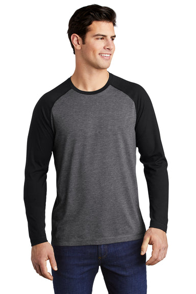 Sport-Tek ST400LS Mens Moisture Wicking Long Sleeve Crewneck T-Shirt Heather Dark Grey/Black Model Front