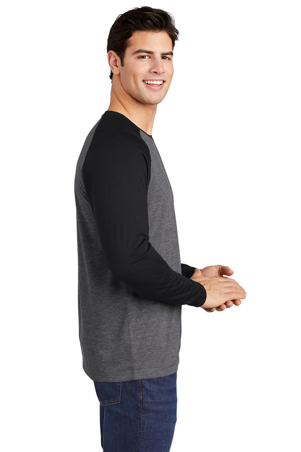 Sport-Tek ST400LS Mens Moisture Wicking Long Sleeve Crewneck T-Shirt Heather Dark Grey/Black Model Side