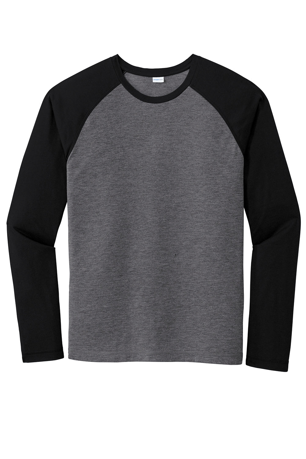 Sport-Tek ST400LS Mens Moisture Wicking Long Sleeve Crewneck T-Shirt Heather Dark Grey/Black Flat Front