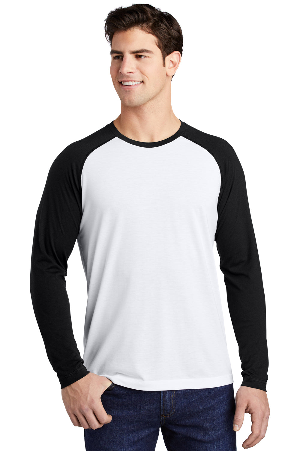 Sport-Tek ST400LS Mens Moisture Wicking Long Sleeve Crewneck T-Shirt White/Black Model Front