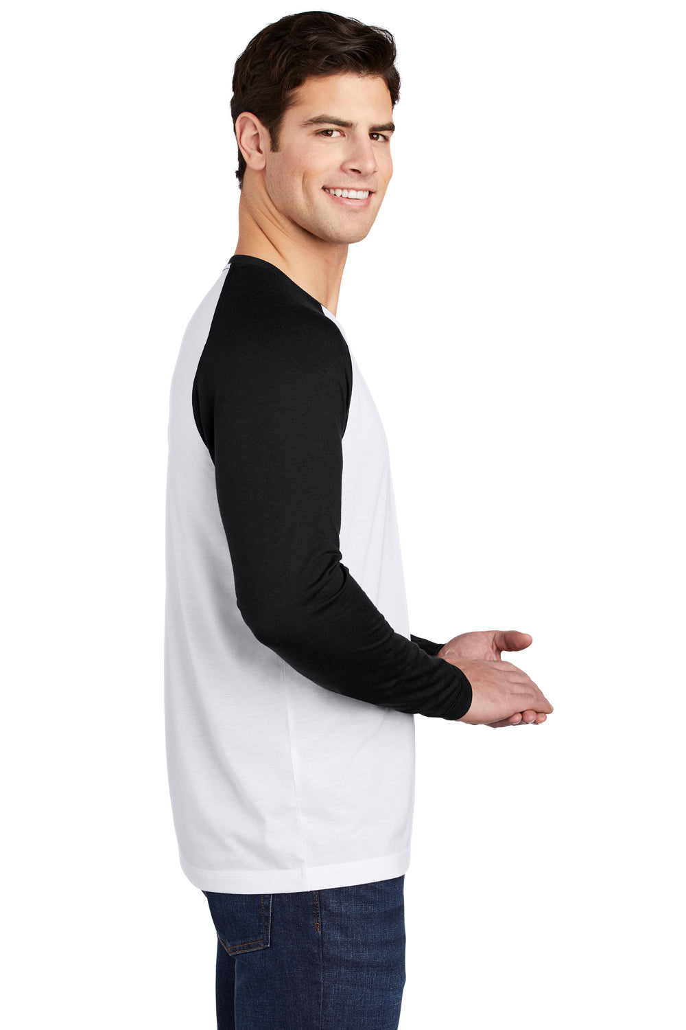 Sport-Tek ST400LS Mens Moisture Wicking Long Sleeve Crewneck T-Shirt White/Black Model Side