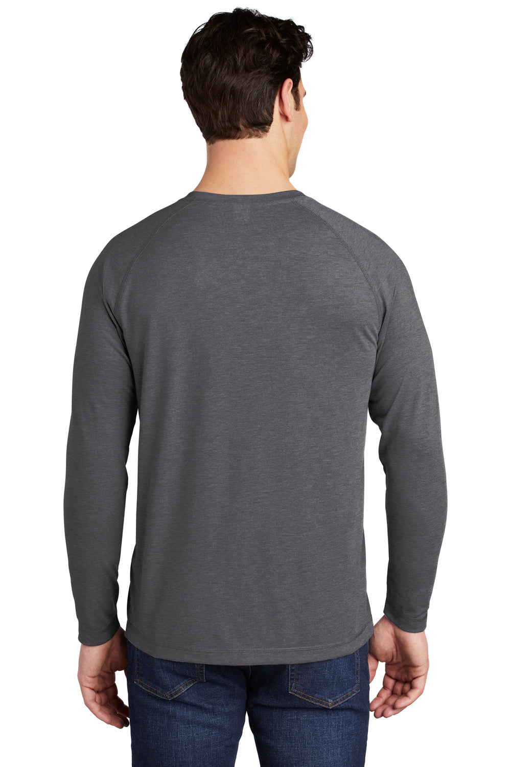 Sport-Tek ST400LS Mens Moisture Wicking Long Sleeve Crewneck T-Shirt Heather Dark Grey Model Back