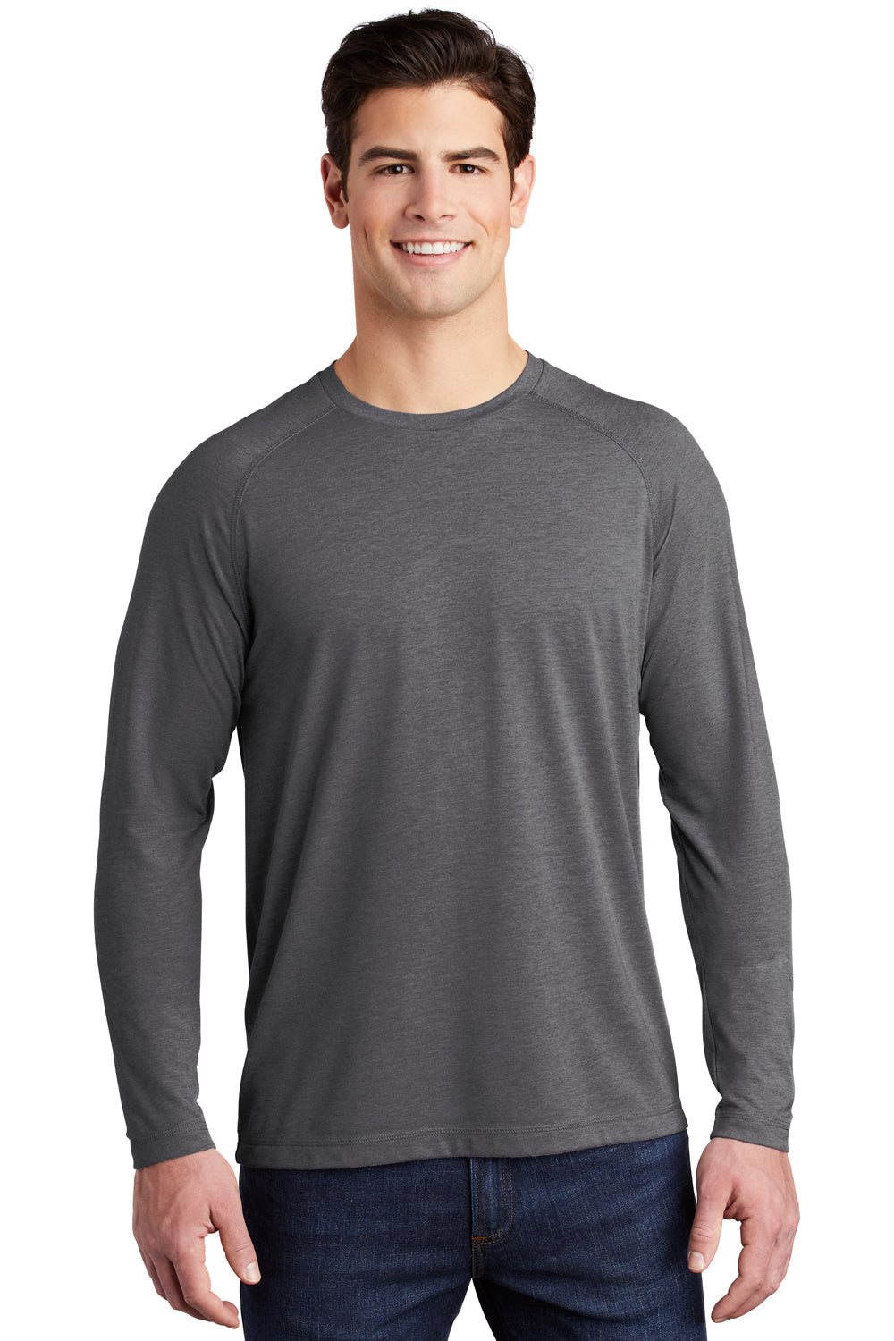 Sport-Tek ST400LS Mens Moisture Wicking Long Sleeve Crewneck T-Shirt Heather Dark Grey Model Front